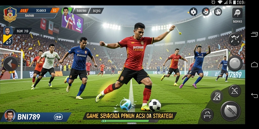 Screenshot gameplay BNI789 menunjukkan aksi pertandingan sepak bola yang mendebarkan.