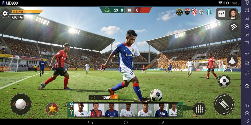 Tampilan gameplay DMD999 dengan aksi sepak bola yang mendebarkan.