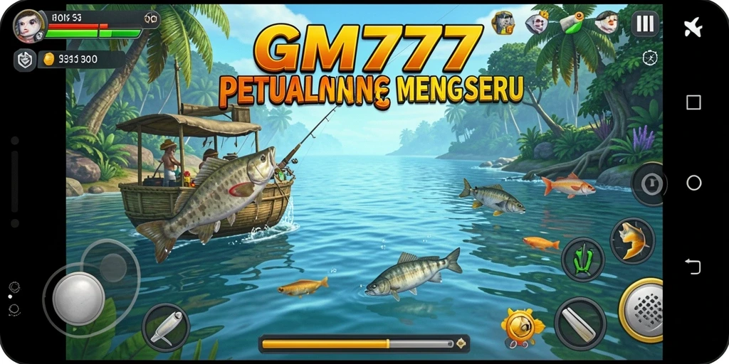 Tampilan layar utama GM777 menunjukkan pemain memancing di lokasi indah dengan grafik yang menawan.
