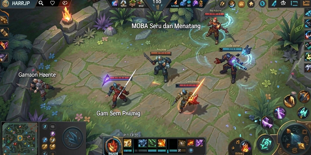 Screenshot gameplay <strong>HARAPJP</strong> menunjukkan pertarungan intens di arena MOBA.