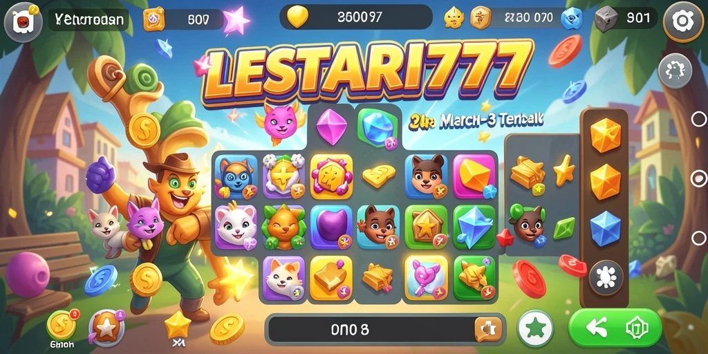 Tangkapan layar utama LESTARI777 menampilkan gameplay Match-3 yang seru.