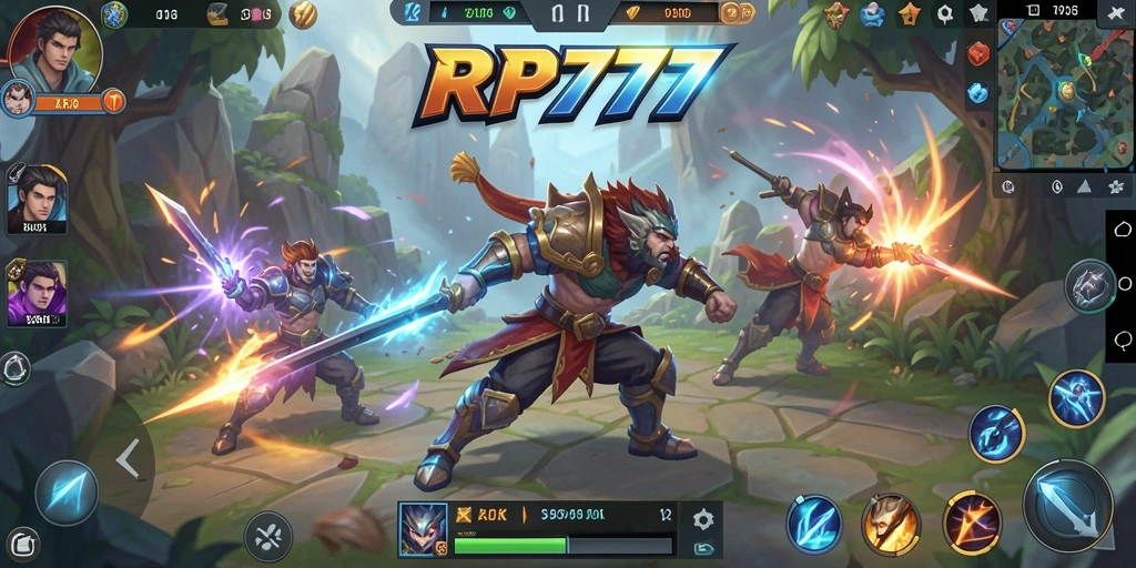 Screenshot utama RP777 menampilkan momen aksi pertempuran MOBA yang mendebarkan.