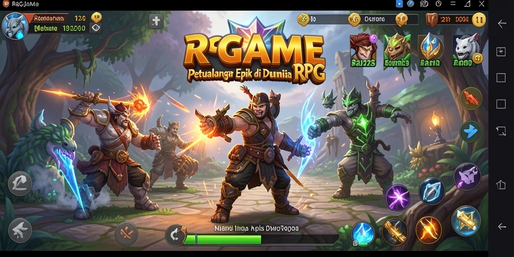 Screenshot RPGAME menampilkan karakter bertarung melawan monster dalam petualangan yang seru.
