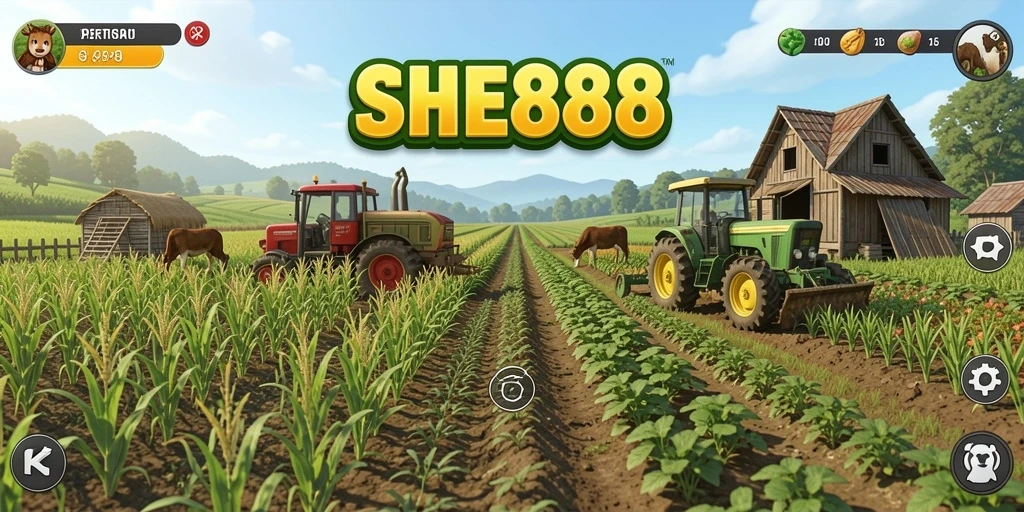 Tampilan gameplay SHE888 dengan kebun yang subur dan hewan yang bahagia.