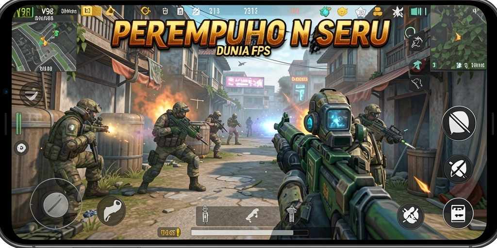Screenshot gameplay V98 yang menampilkan aksi tembak-menembak yang intens.